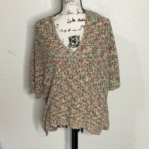 569- Lou & Grey for Loft NWOT Tan & Multicolor Short Sleeve Sweater, Size Large